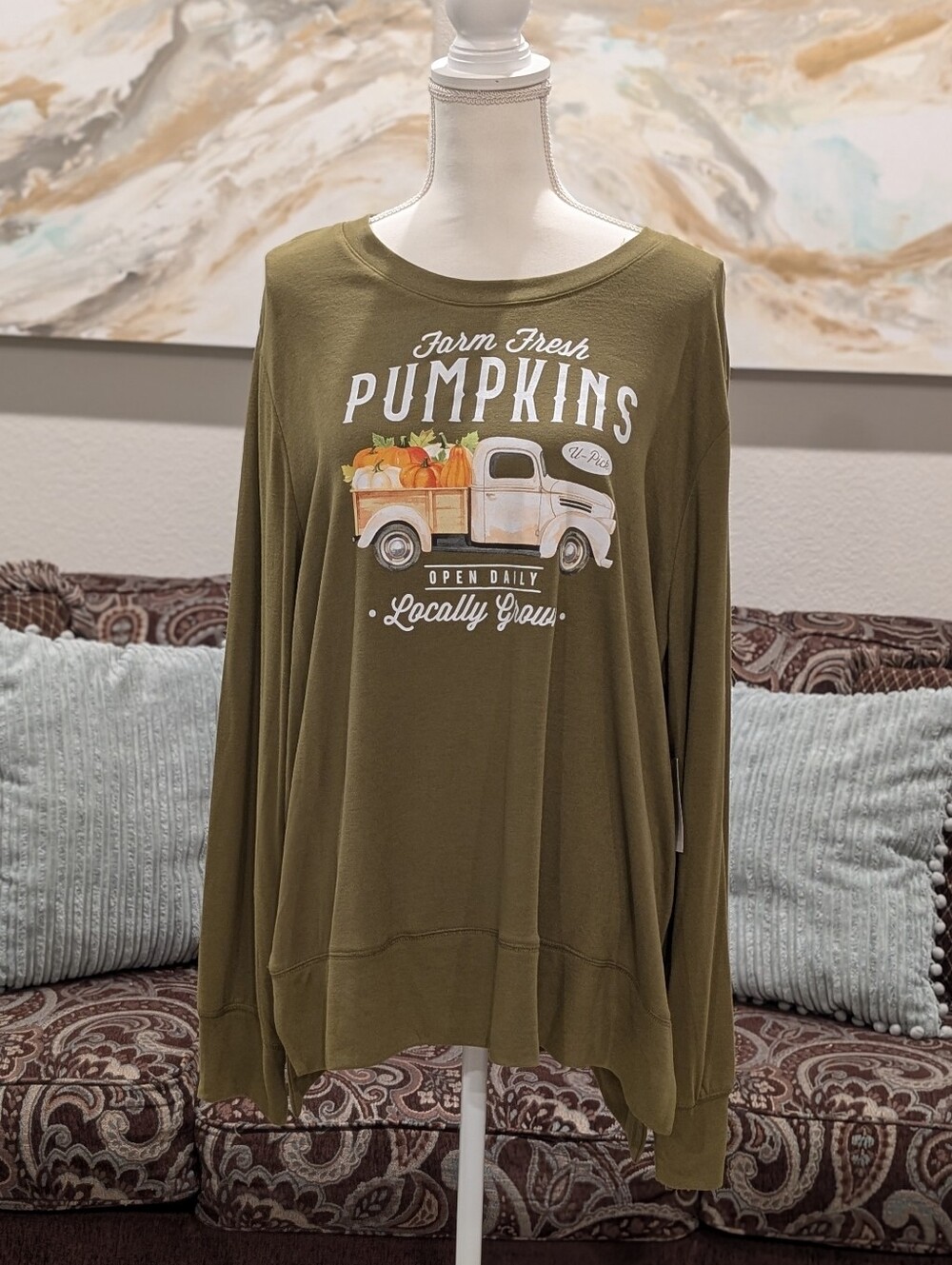 Farm Fresh Pumpkins Olive Green Graphic Pullover Sweater